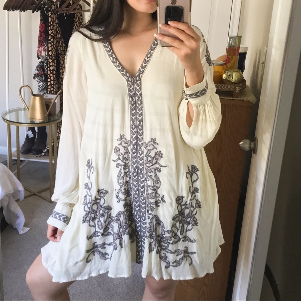 Free People Ivory Embroidered Swing Dress